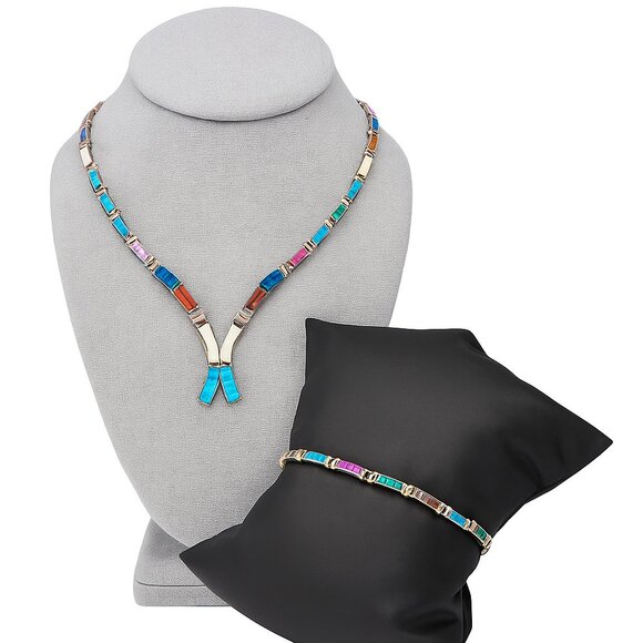 E. Luna Taxco Mexico .950 Silver Multicolor Lab Opal Inlay Necklace & Bracelet - Picture 7 of 8